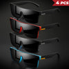 A set of four black square sport sunglasses with UV400 mirror lenses displayed against a dark background.
