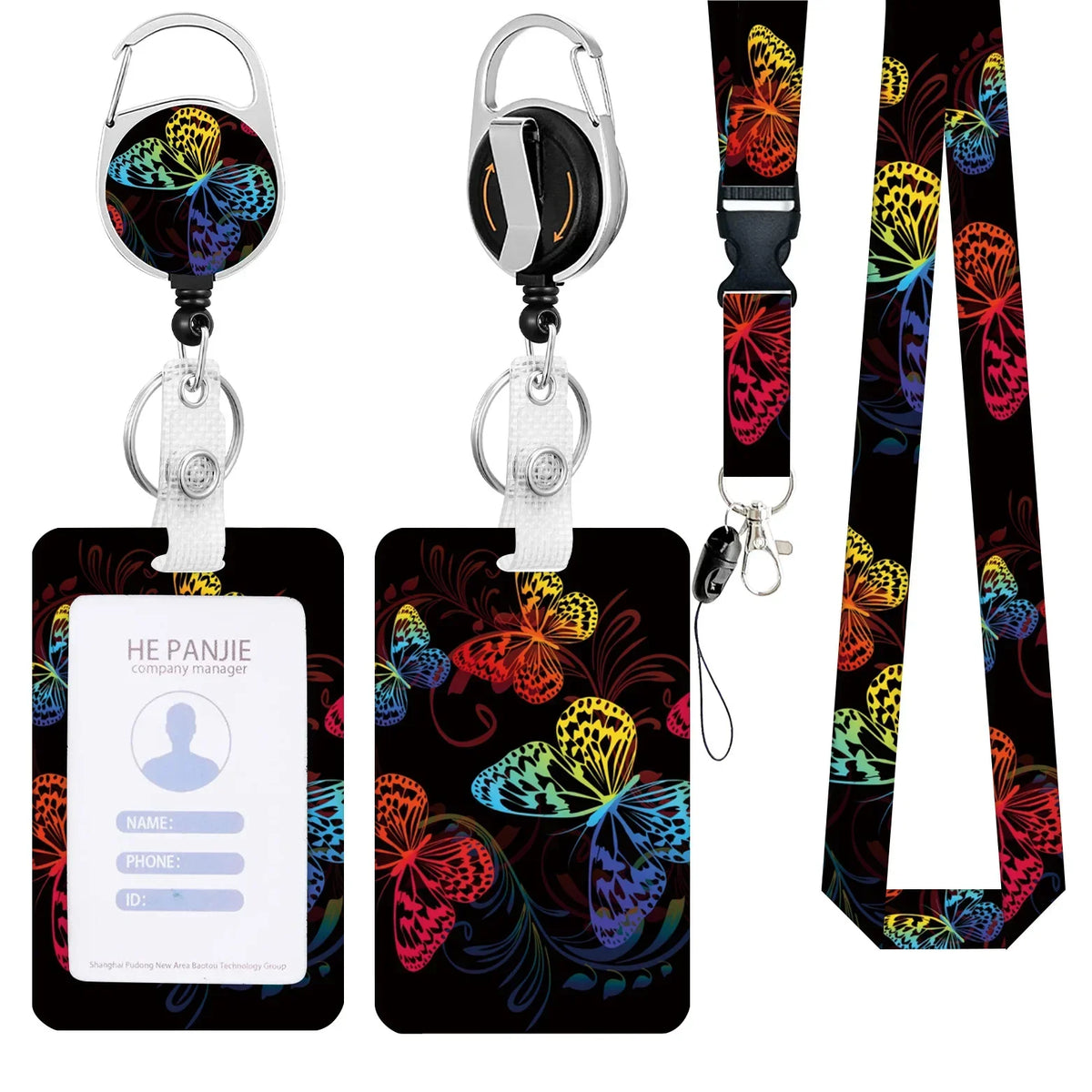 A black badge reel with a silver clip and a floral patterned lanyard attached to a neck strap.
