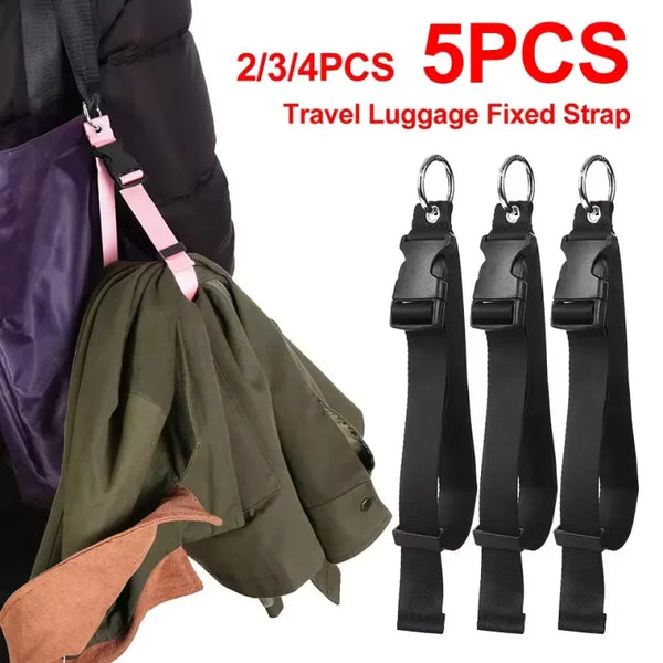 Five black travel luggage fixed straps used to secure bags