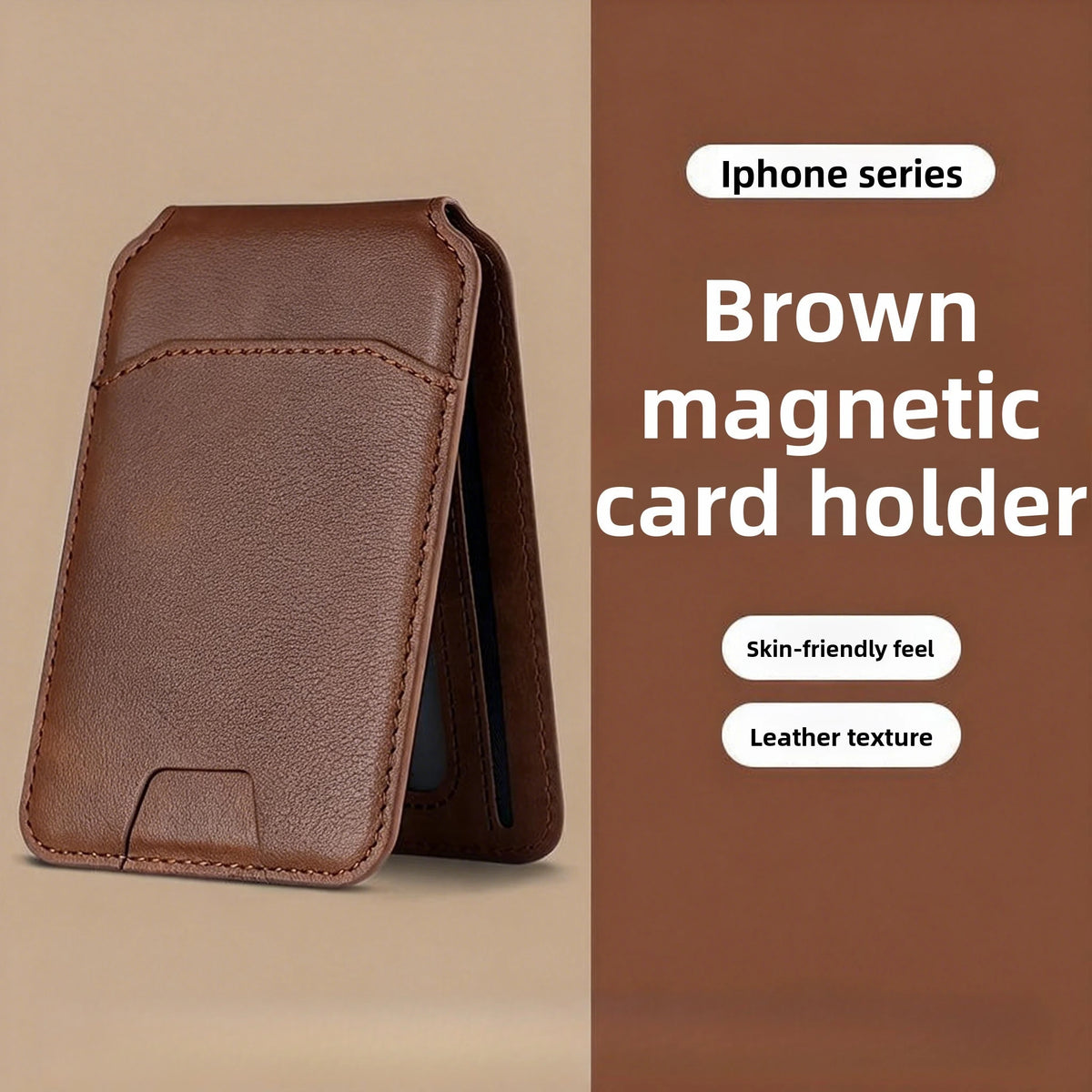 Porte-cartes magnétique marron en cuir avec une texture peau-friendly, vue rapprochée.