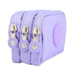 A purple compact three-layer nylon zipper pouch with gold-toned hardware.