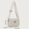 A beige patterned crossbody bag featuring a repeating M-pattern design and a light beige strap.