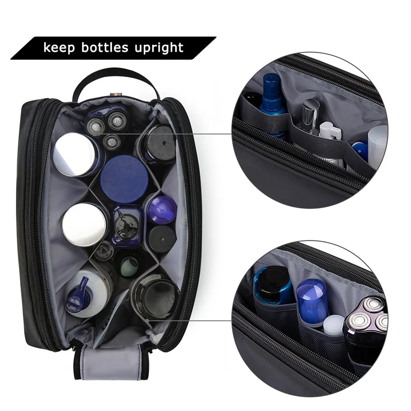 A black toiletry bag with multiple compartments for cosmetics and toiletries.