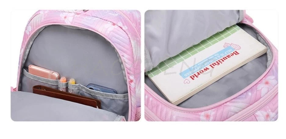 A pink and white Oxford cloth school backpack is shown open, revealing interior compartments and a notebook.