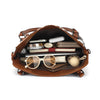 A brown PU leather tote bag is open, showing various accessories like sunglasses and a watch inside.