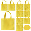 A set of yellow non-woven tote bags in various sizes and styles for parties and gifting.