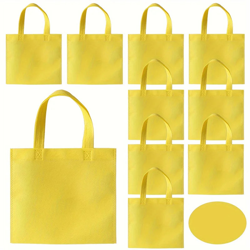 A set of yellow non-woven tote bags in various sizes and styles for parties and gifting.