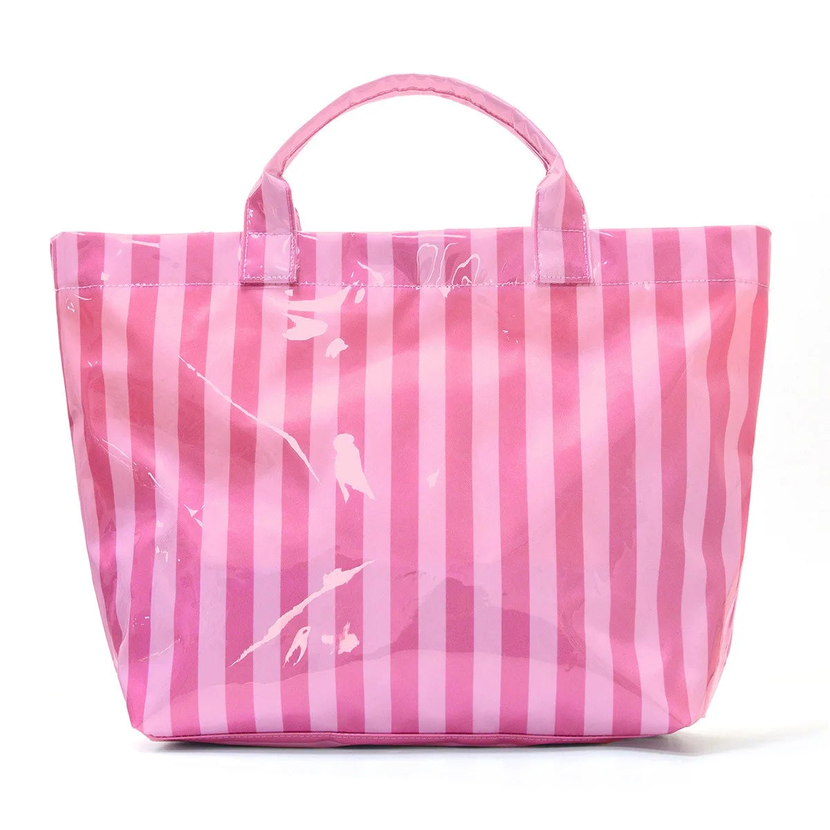 A pink and white striped lightweight tote bag with handles.