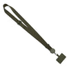 A dark olive green universal adjustable phone lanyard with a neck strap and a clip.