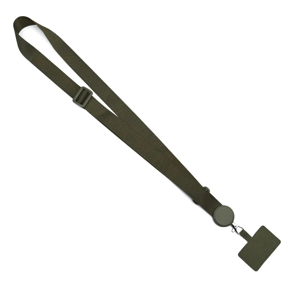 A dark olive green universal adjustable phone lanyard with a neck strap and a clip.
