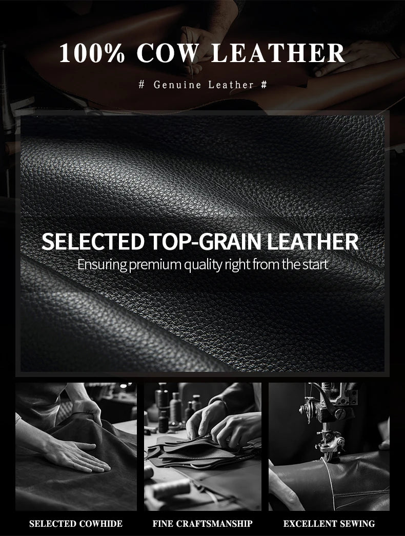 Close-up of textured cow leather material emphasizing top-grain quality and fine craftsmanship for a men's briefcase.