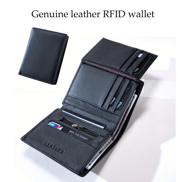 A black genuine leather RFID wallet shown open, displaying cards and cash inside.