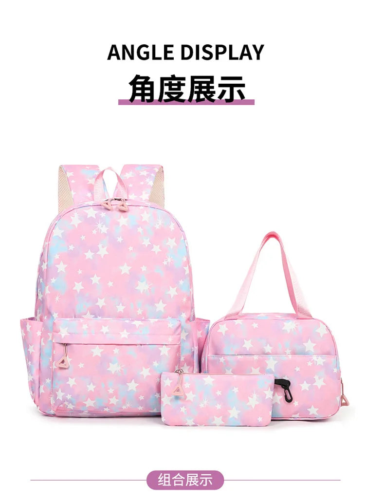 Pink star-patterned nylon backpack set featuring a main backpack and a matching pouch