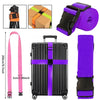 Adjustable luggage strap shown with various components including a strap, a box, and a portable suitcase.
