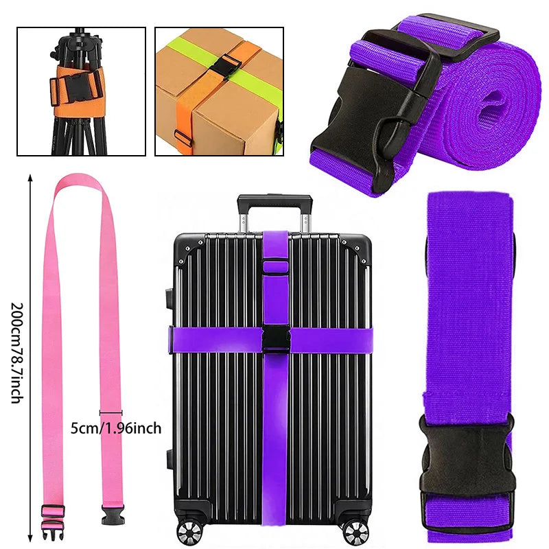 Adjustable luggage strap shown with various components including a strap, a box, and a portable suitcase.