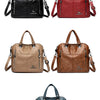 Four leather crossbody backpack bags in black, red, tan, and blue shades displayed side by side.