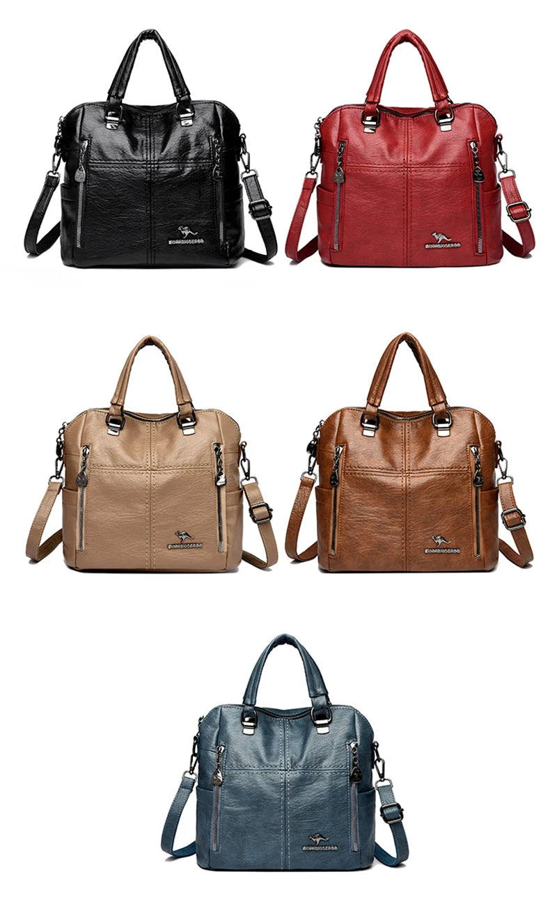 Four leather crossbody backpack bags in black, red, tan, and blue shades displayed side by side.
