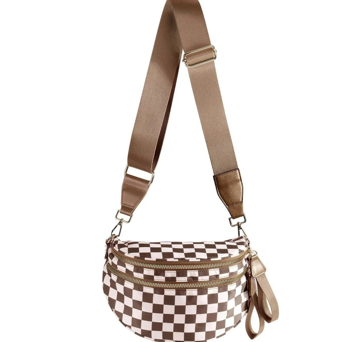 A brown leather multi-functional waist bag with a checkered pattern and a matching strap.