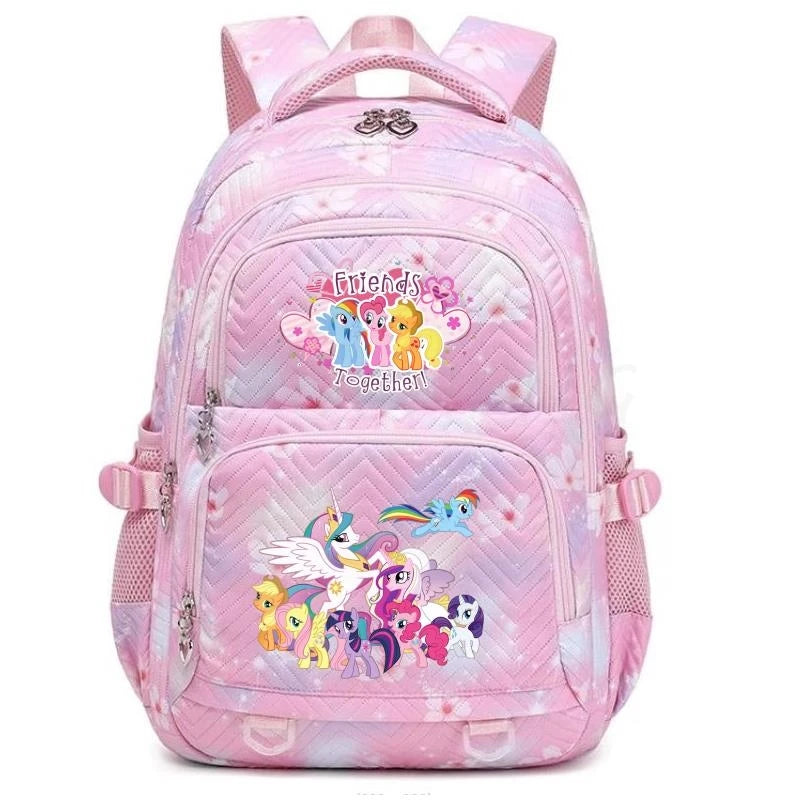 Pink Friends themed backpack with a large front pocket and multiple compartments