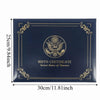 A dark blue birth certificate holder with gold trim and an eagle emblem on the cover.