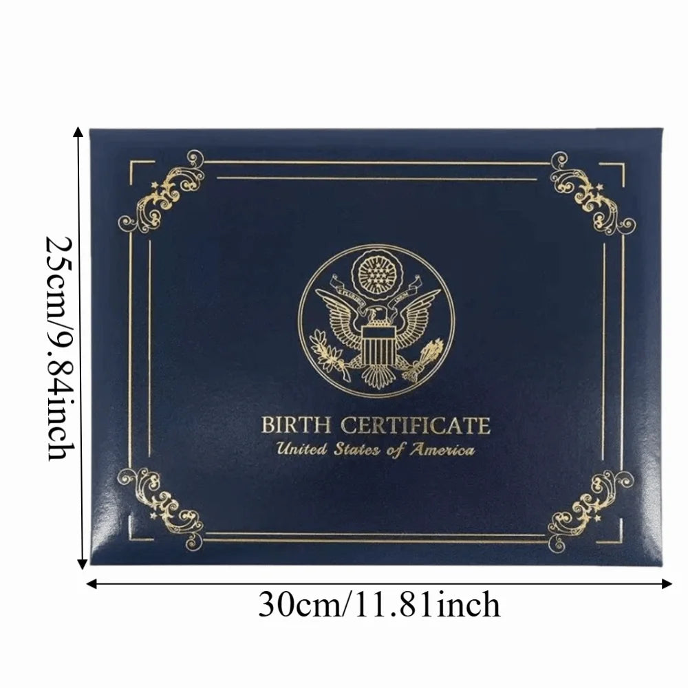 A dark blue birth certificate holder with gold trim and an eagle emblem on the cover.