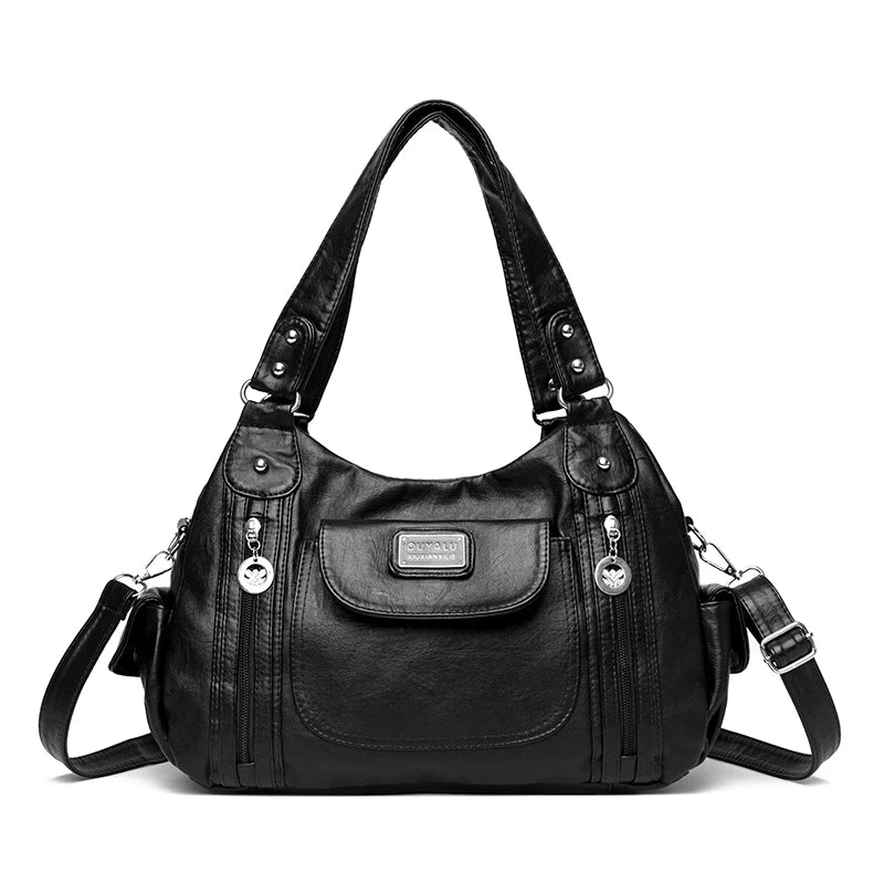 Schwarze Vintage-Soft-PU-Leder-Shoulderbag mit silberner Hardware