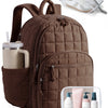 A brown quilted laptop backpack with a side pocket and a clear plastic pouch showing a pair of shoes.