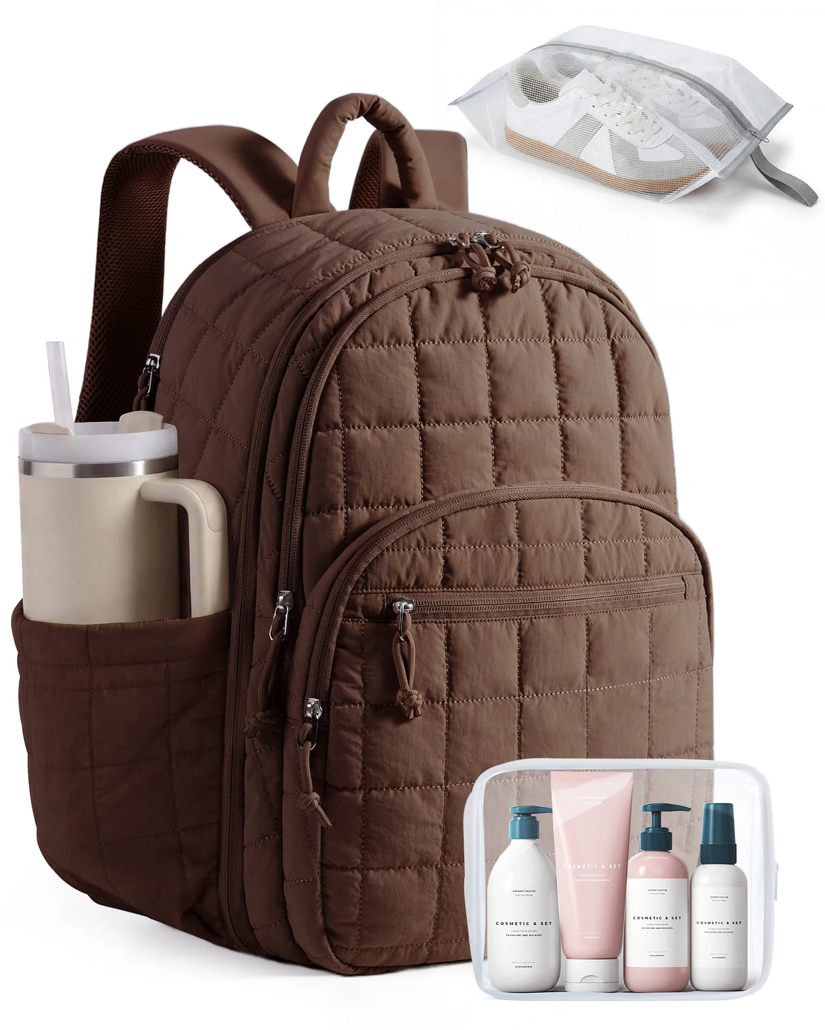 A brown quilted collapsible laptop backpack with a side water bottle and a separate clear pouch for accessories.