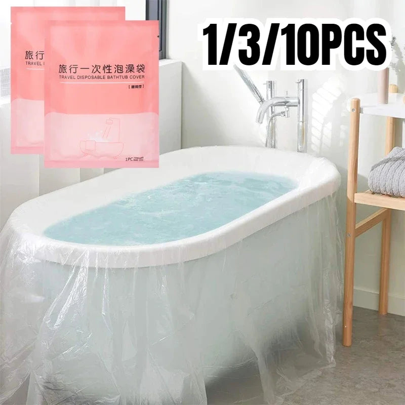 A white bathtub is covered with a clear plastic liner, with packaging showing 1/3/10 pieces.
