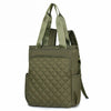 Olive green quilted women's backpack tote with adjustable straps