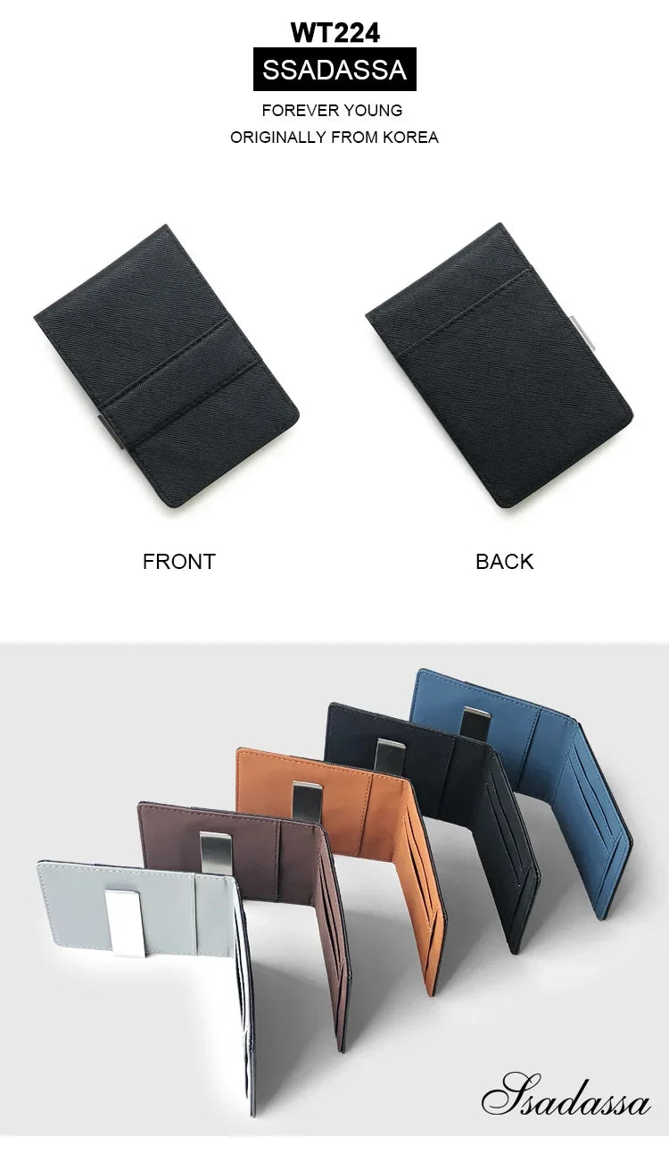Front and back views of the WT224 Ssadassa slim leather bifold wallet with a money clip in black and various colors.