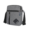 A gray men's lightweight crossbody sling bag with a zippered pocket and black strap.