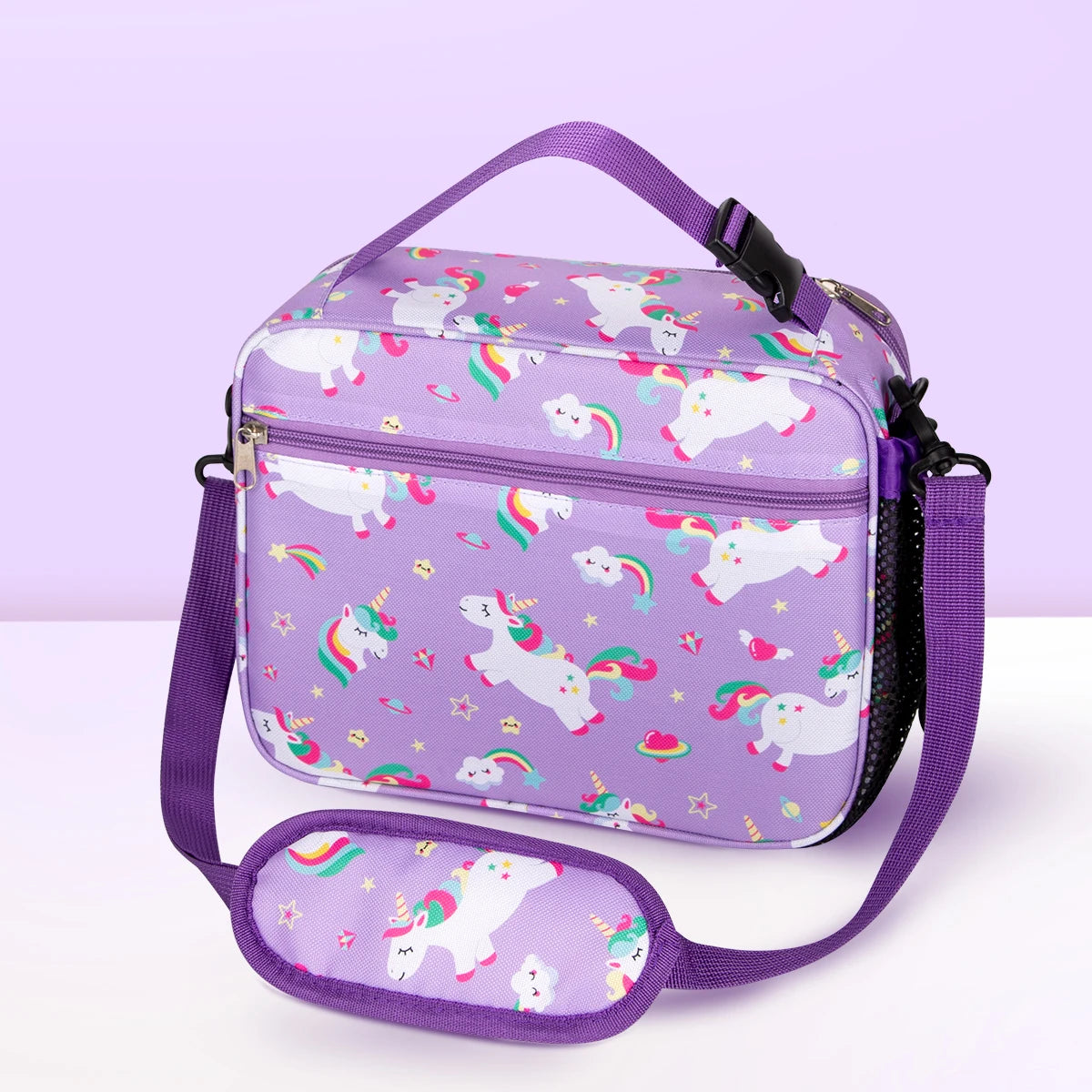 Bolsa térmica de almuerzo morada con correa de hombro y patrones de animales coloridos en fondo morado