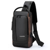 A black anti-theft zippered men's crossbody bag with a brown accent and black strap.