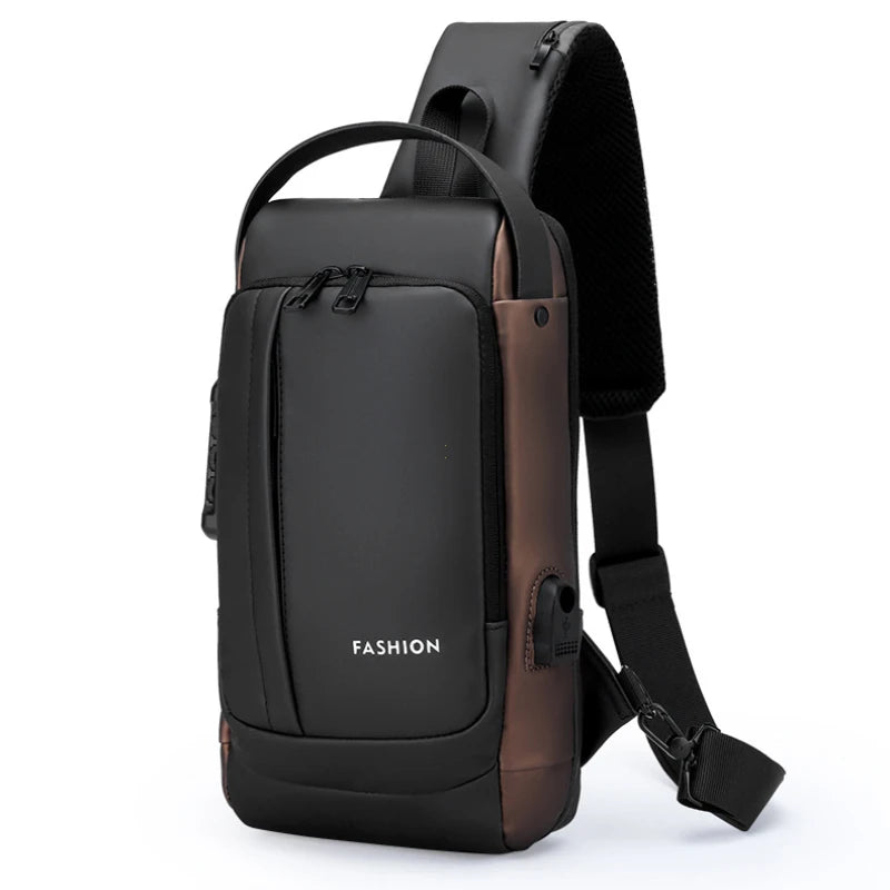 A black anti-theft zippered men's crossbody bag with a brown accent and black strap.