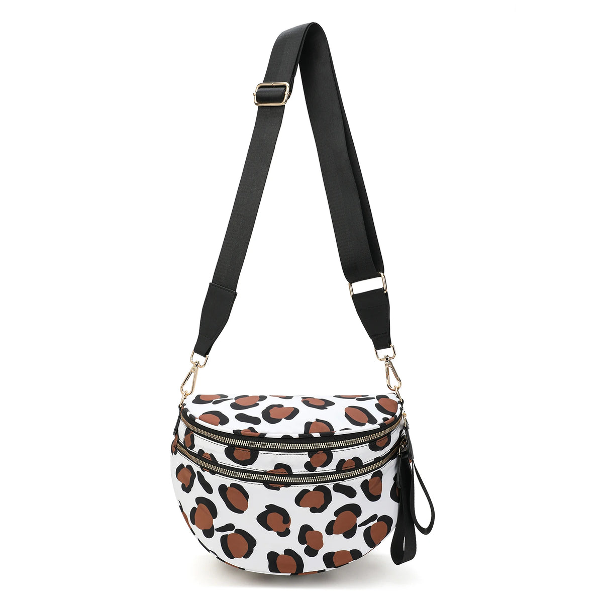 Black nylon crossbody bag with a leopard print pattern and gold hardware