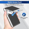 A hand holds a black and silver magnetic card holder, demonstrating its quick access feature.