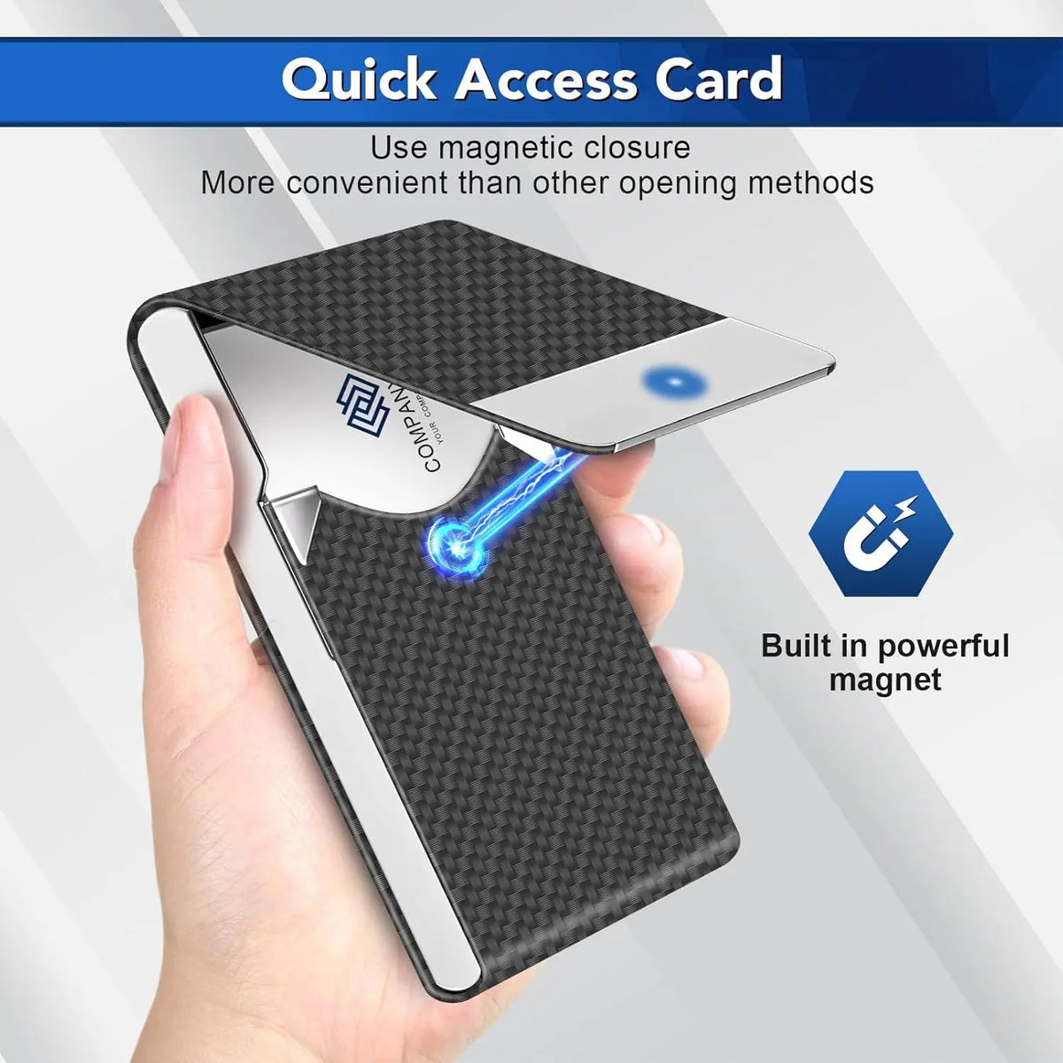 A hand holds a black and silver magnetic card holder, demonstrating its quick access feature.