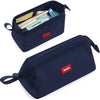 Navy blue minimalist large capacity pencil case with a red Angoo label holder and various pens and pencils inside.