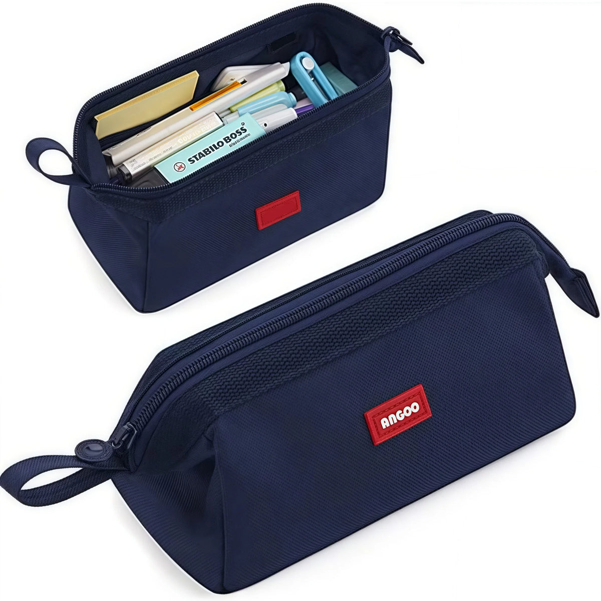 Navy blue minimalist large capacity pencil case with a red Angoo label holder and various pens and pencils inside.