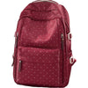 A maroon corduroy backpack with a white polka dot pattern and brown accents.