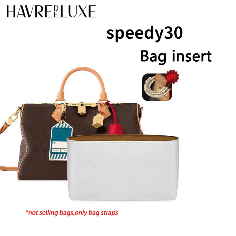 A white bag insert is shown next to a brown leather bag, with text indicating it is a speedy30 bag insert.