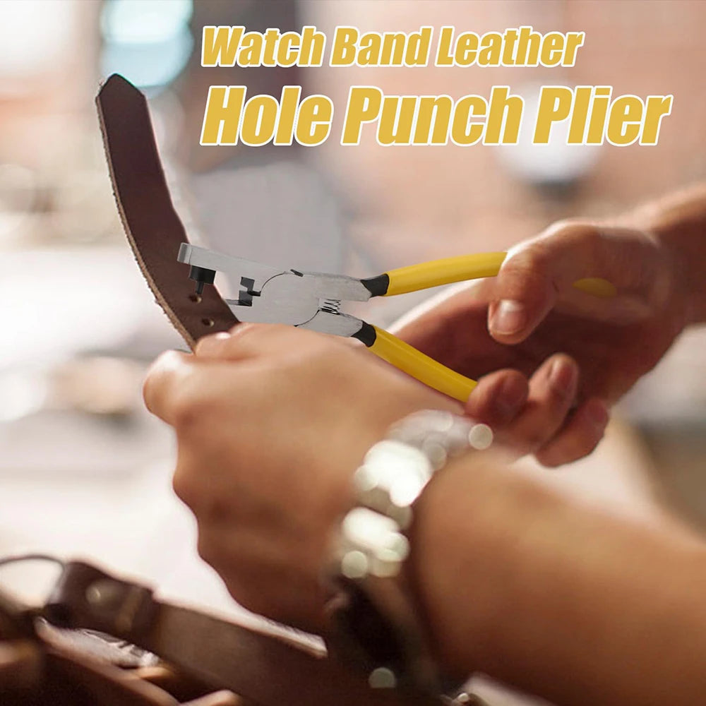 Hands are using a watch band leather hole punch plier to create a hole in a watch strap.