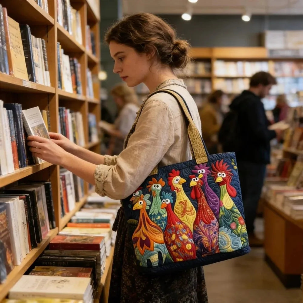 Una mujer sostiene un bolso de tela acolchado vintage con diseños de gallos coloridos en una librería.