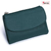 A dark teal genuine leather mini card holder wallet with a zipper closure.
