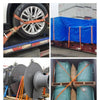 Close-up of a heavy-duty ratchet strap securing a tire to a trailer and other images showing various tie-down applications.