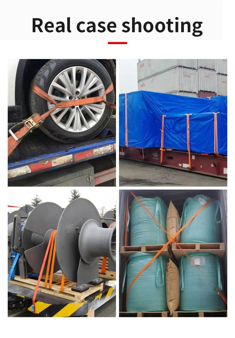 Close-up of a heavy-duty ratchet strap securing a tire to a trailer and other images showing various tie-down applications.