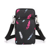 Black nylon crossbody phone bag featuring a pattern of pink and blue feathers.