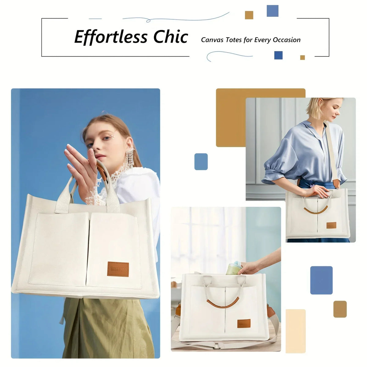 A white canvas tote bag with brown leather accents is shown being held by a woman.