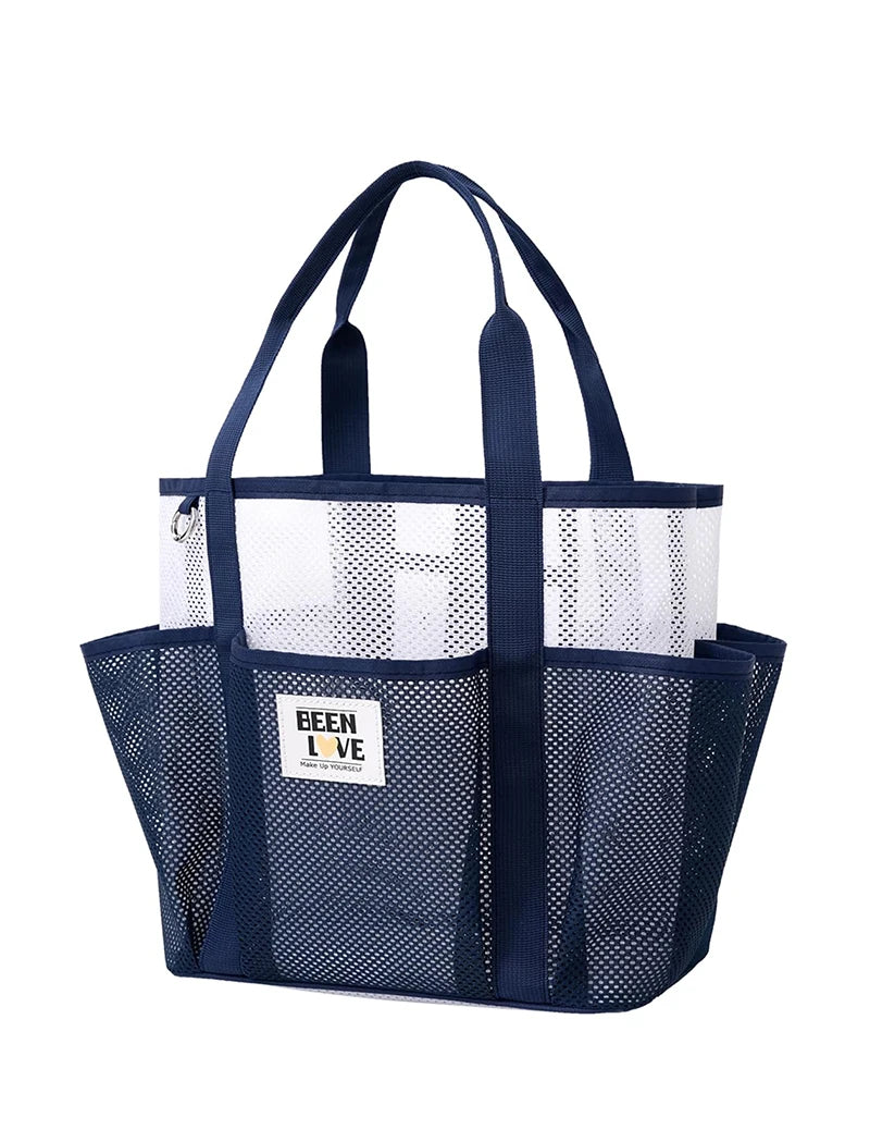 Navy mesh beach tote bag with white lining and handles